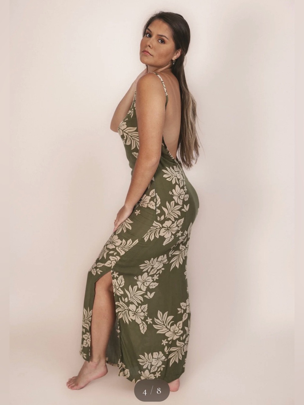 EUC EIMEO Hiva Dress Olive Green Tropical Print Slip Maxi Low Back/Backless